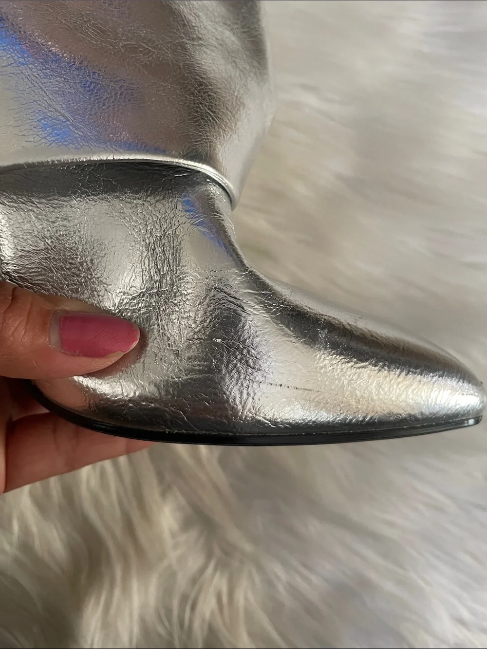 Metallic Silver Fold Over Pointy Toe, Knee High Boots